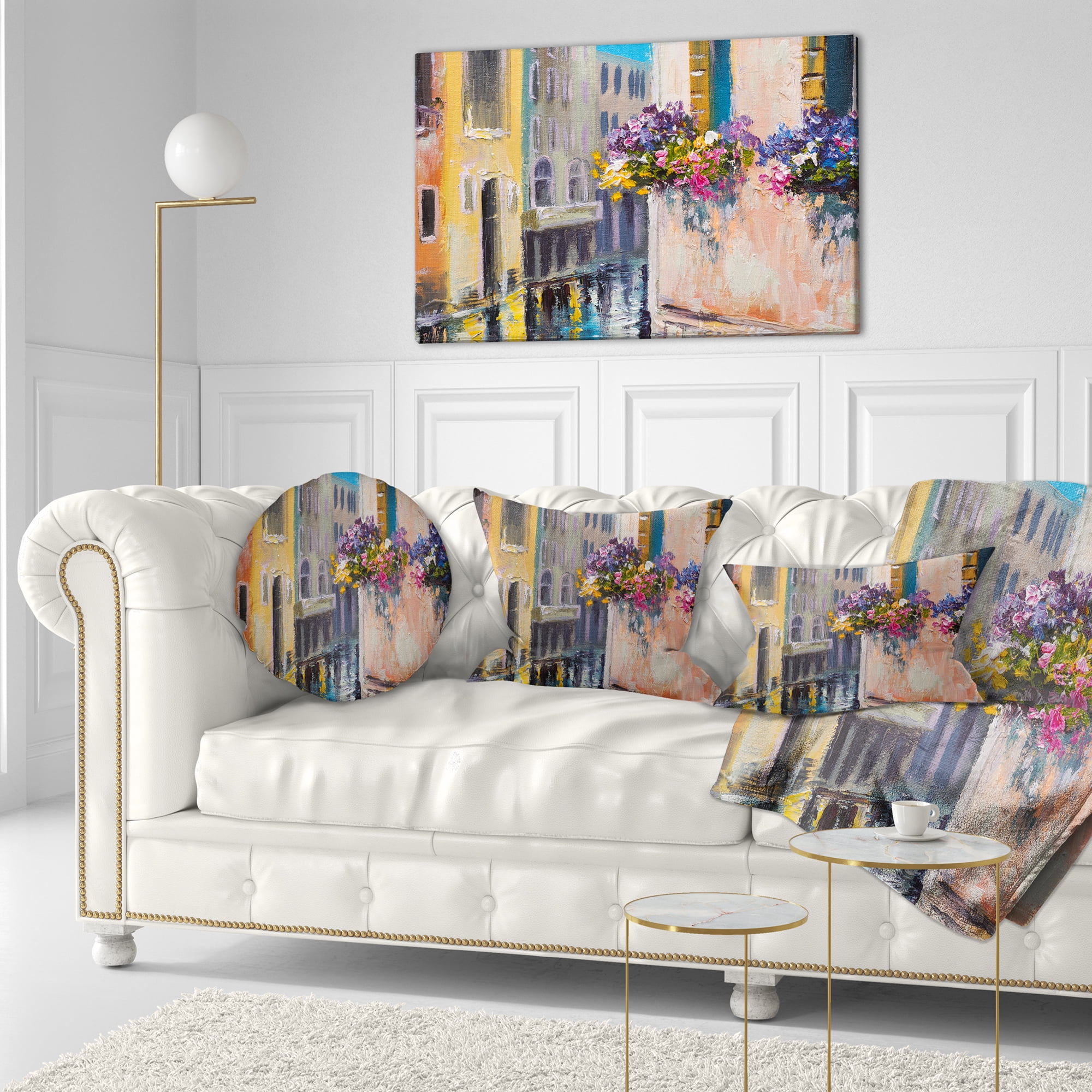 Designart Canal in Venice with Flowers - Cityscape Throw Pillow - 12x20
