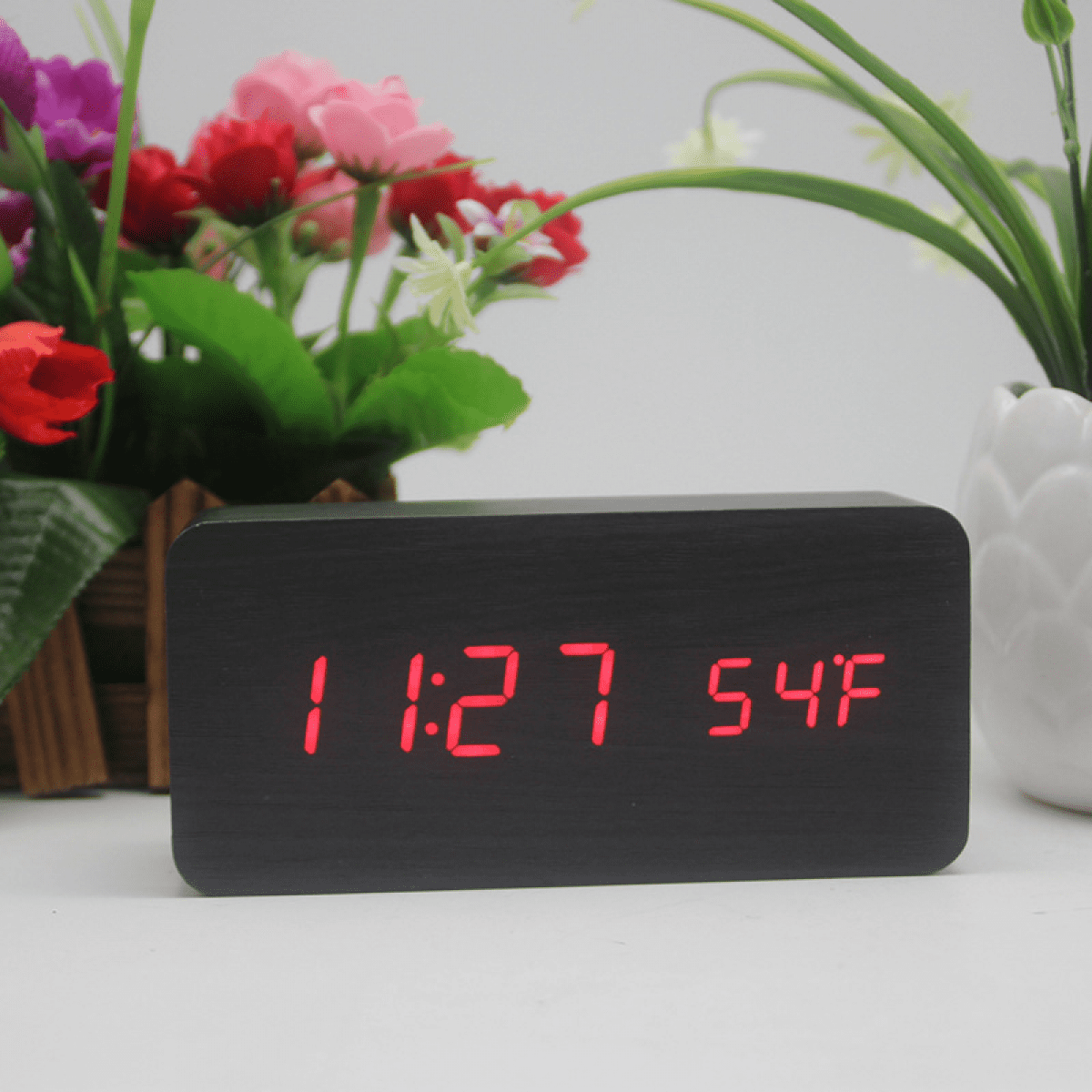 Digital Alarm Clock, with Wooden Electronic LED Time Display, 3 Alarm Settings, Humidity