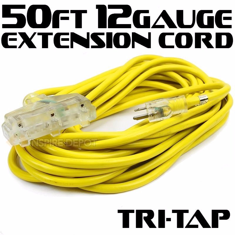 50' 12 Gauge Electric Extension Cord TriTap 3 Prong Power Cable In