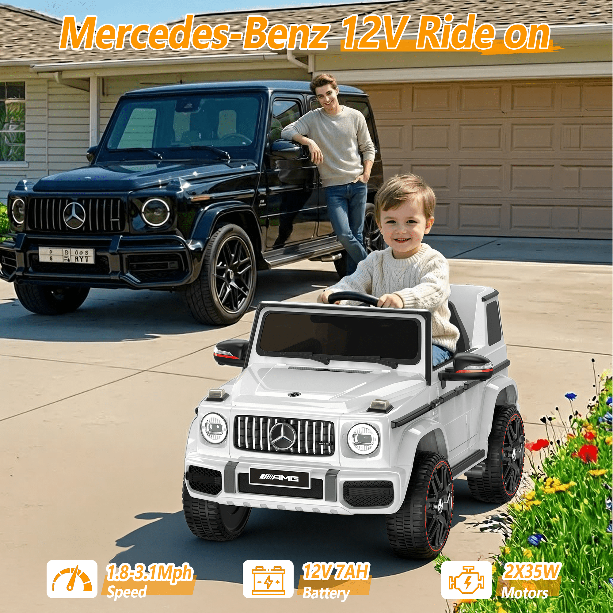 East doll 12V Power Ride on Toys for Toddlers, Kid Electric Car, G63 G Wagon Licensed Mercedes-Benz with Remote Controls, Aged 3Y+,White