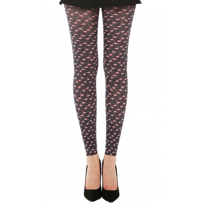 Black and Pink Flamingo Fashion Opaque Patterned Footless Tights