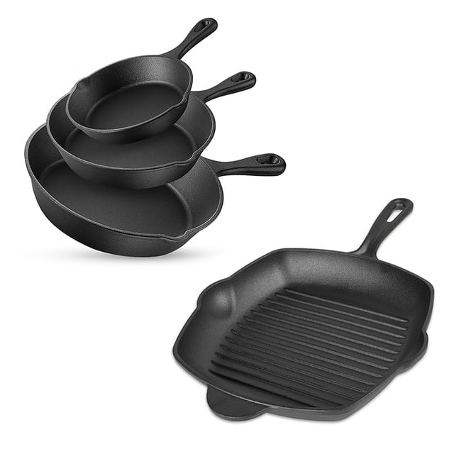 Set De 3 Sartenes De Hierro Fundido + Sartén Tipo Grill Extra Grande 2 L CASA LITUS