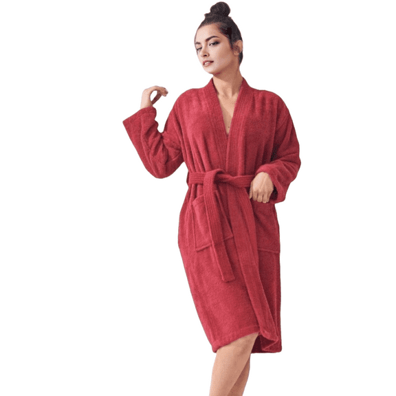 Elegani Women's 100% Cotton Terry Kimono Bathrobe (Luxury Spa Comfort) Red S/M