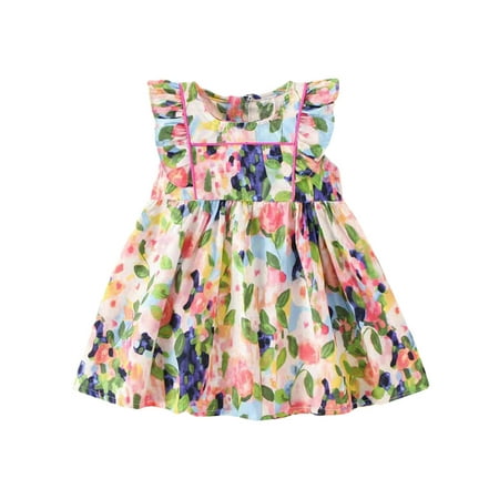 

ELF Baby Girls Summer Dress Fly Sleeve Round Neck Oil Painting Floral Print Princess Dress Toddler Outfit 9M-3 Years