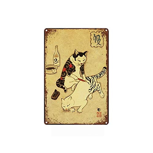 Japanese Samurai Cat Tattoo Wall Art Metal Tin Sign The Butchers Guide Decor Bar Pub Home Vintage 12 * 8 Inch