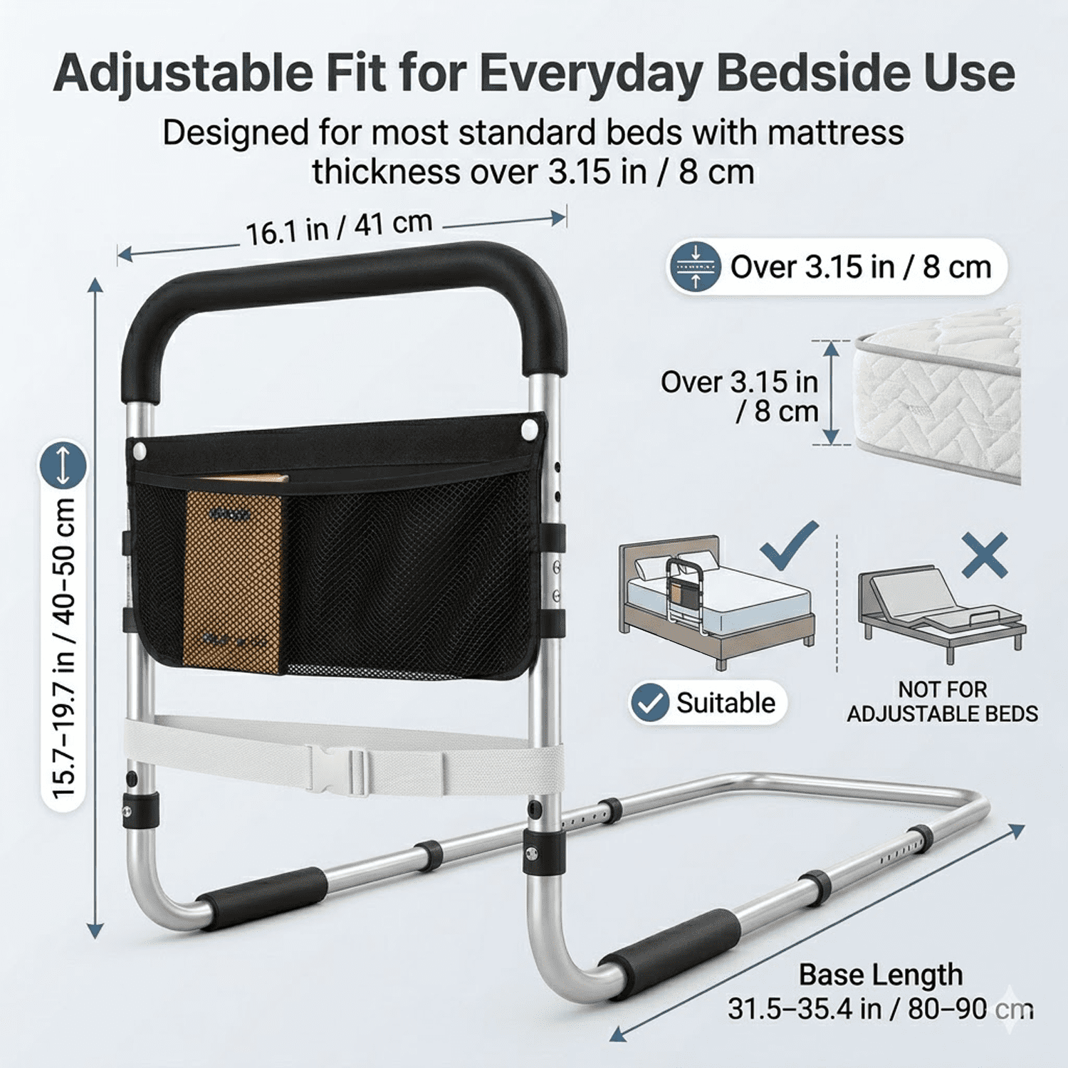 Bed Rails for Elderly Adults, Adjustable Bed Assist Rail for Seniors with Non-Slip Foam Handle, 300 lbs Bedside Safety Rail with Extended Base, Mesh Pocket & Securing Strap for Queen King Twin Beds