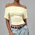 thumbnail image 2 of yillto Women off Shoudler Tops Striped Short Sleeve Shirts Casual Tunics Tees Ruched Slim Fashion Outfits, 2 of 7