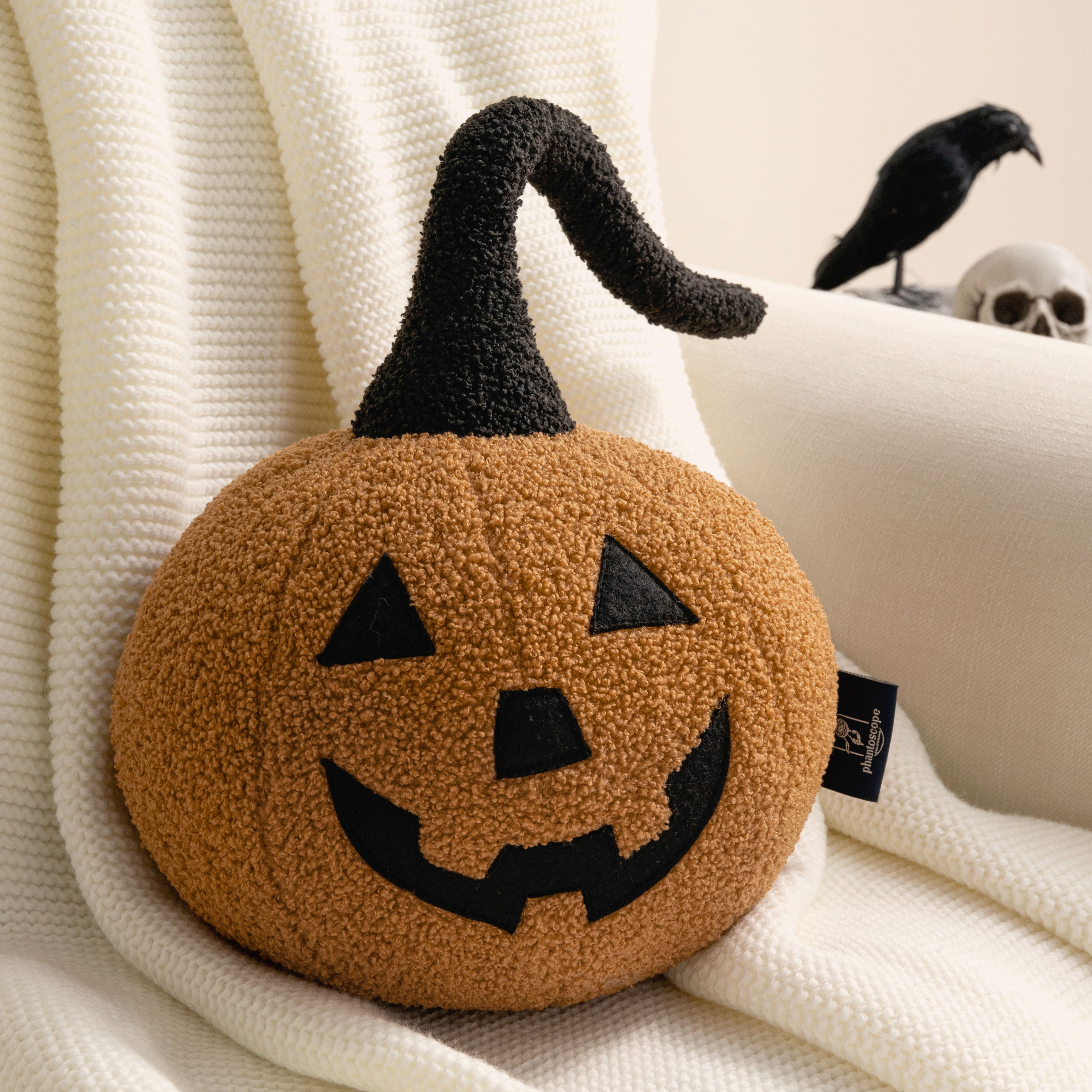 Phantoscope Halloween Pumpkin Shaped Throw Pillow, Jack-o’-Lantern Face, Soft Teddy Fleece Decorative Pillow, Orange, 9.5 x 9.5 in
