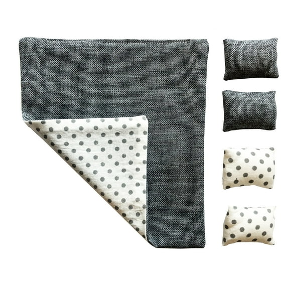 Dollhouse Bedding Set, Comforter Blanket and Pillows - 1/12 Scale Dolls Bed Linen - 5 Piece Gray Set