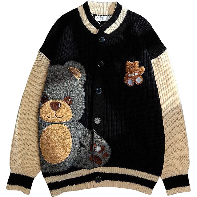 Cárdigan de punto con bordado de oso para mujer, casual, holgado, con botones, manga larga, suéter universitario Negro - M Negro - M Xishao ropa