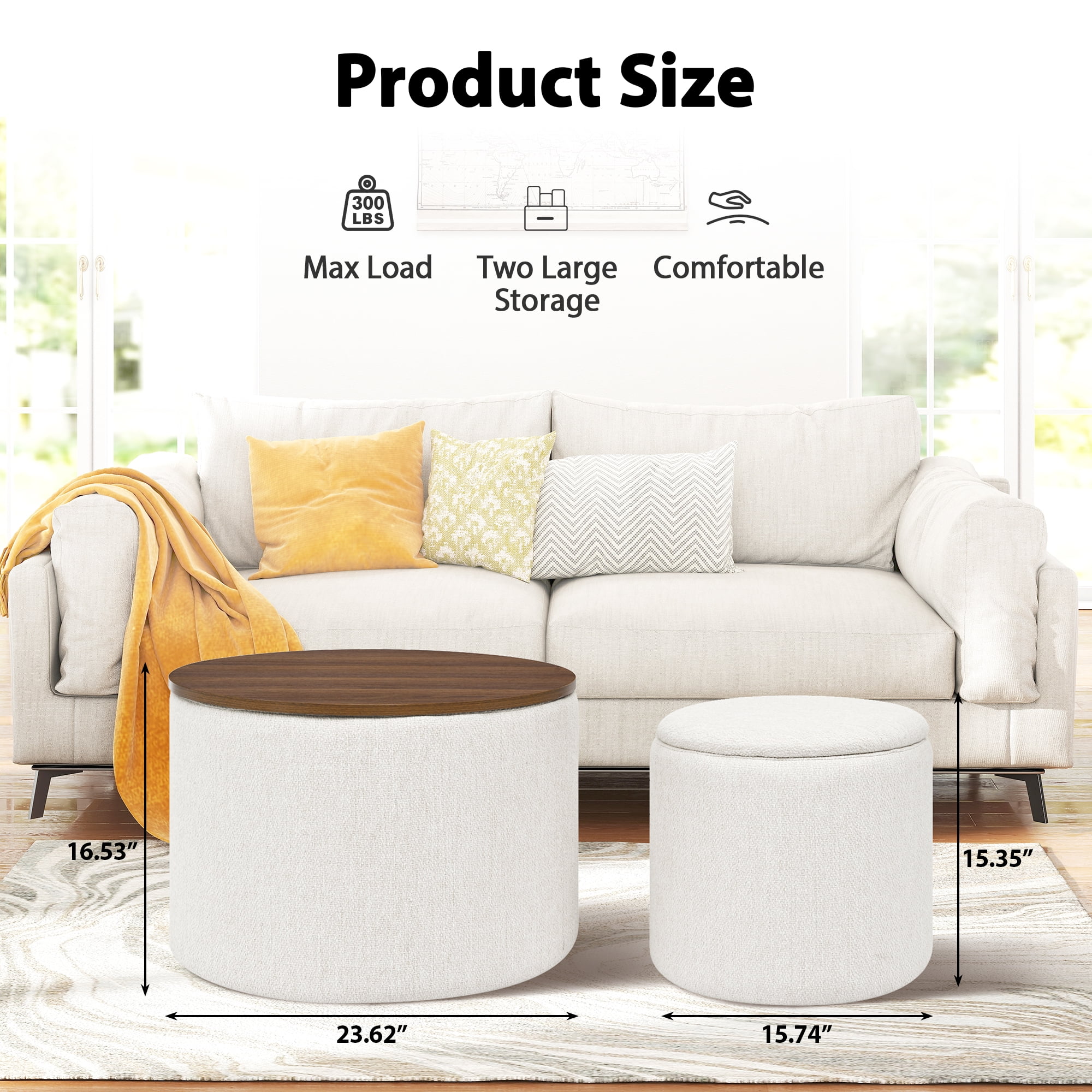Aukfa 2-Piece Round Storage Ottoman Set,Chenille Coffee Table Footstool & Vanity Stool for Living Room/Bedroom/Entryway,Beige