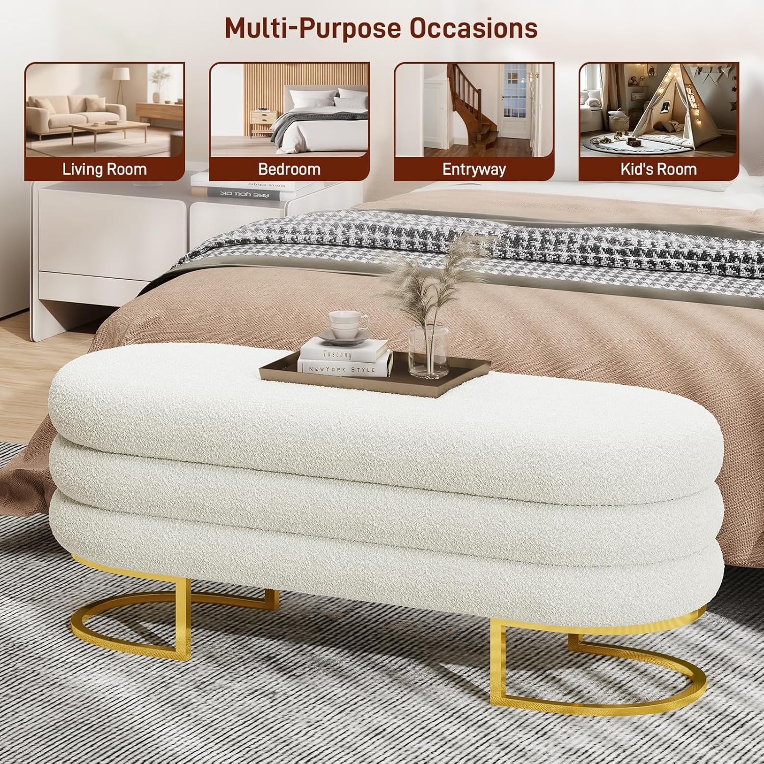 Vabches Large Storage Ottoman Bench with Golden Metal Leg, 48.8" Linen Upholstered Storage Bench for Living Room, Bedroom, Entryway, Beige