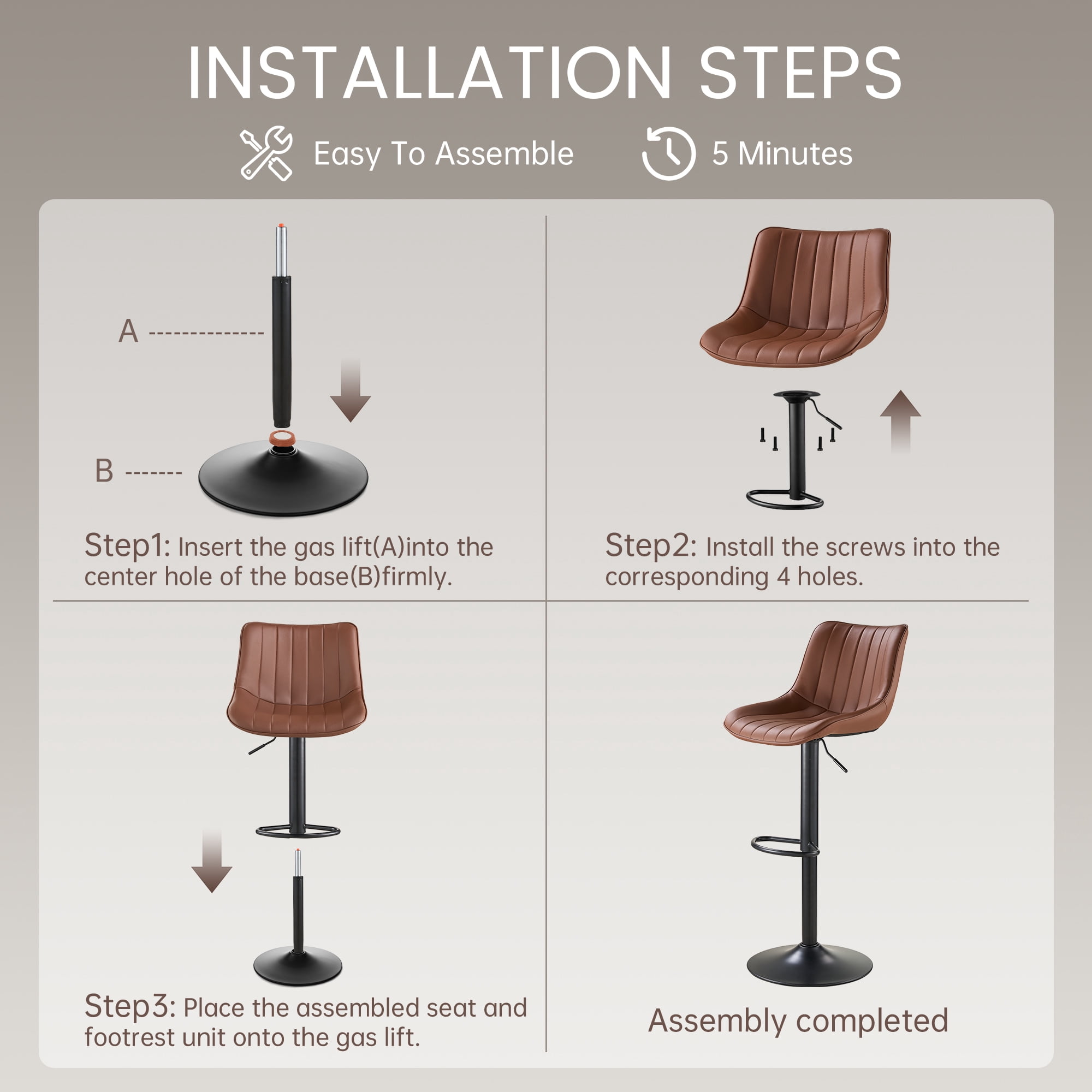 SAETSFEG Bar Stools Set of 2, Adjustable Swivel Counter Height Bar Stool with Footrest, Modern PU Leather Bar Chairs for Kitchen Island, Dining Room, Brown