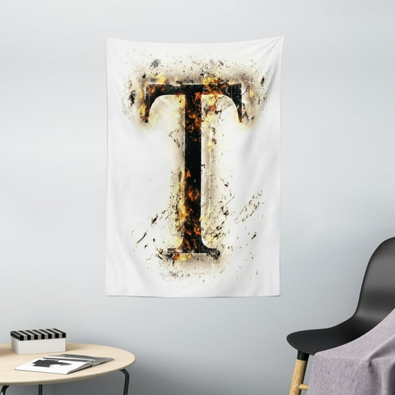 Letter T Tapestry, Scorching Letter T Symbol of Alphabet Design Worn Out Background Education, Wall Hanging for Bedroom Living Room Dorm Decor, 40W X 60L Inches, Tan Black Orange, by Ambesonne