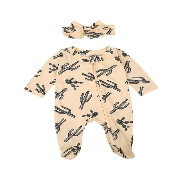 2 PCS Baby’s Print Zipper Jumpsuit and Bow Hairband 0-6 Months