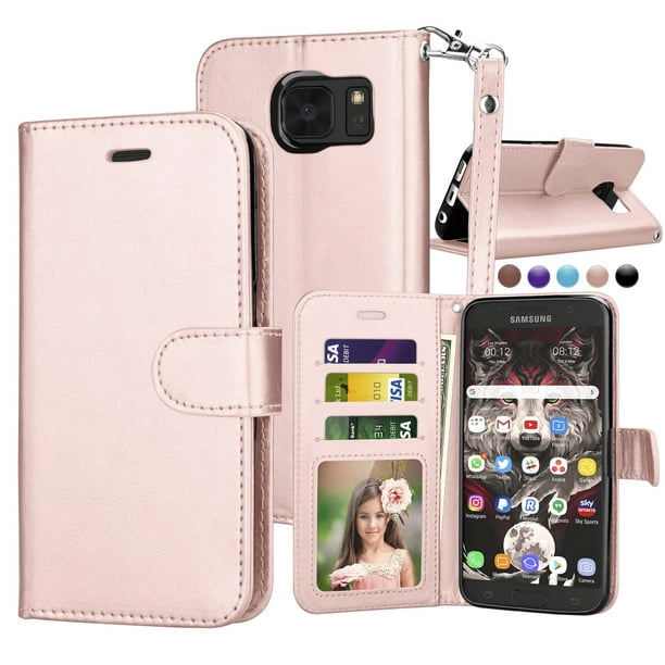 Njjex Samsung Galaxy S7 Wallet Case Premium Pu Leather Wrist Lanyard Stand Cases Cover For S Vii G930 Gs7 All Carriers Rose Gold Com - Samsung Galaxy S7 Wallet Cover