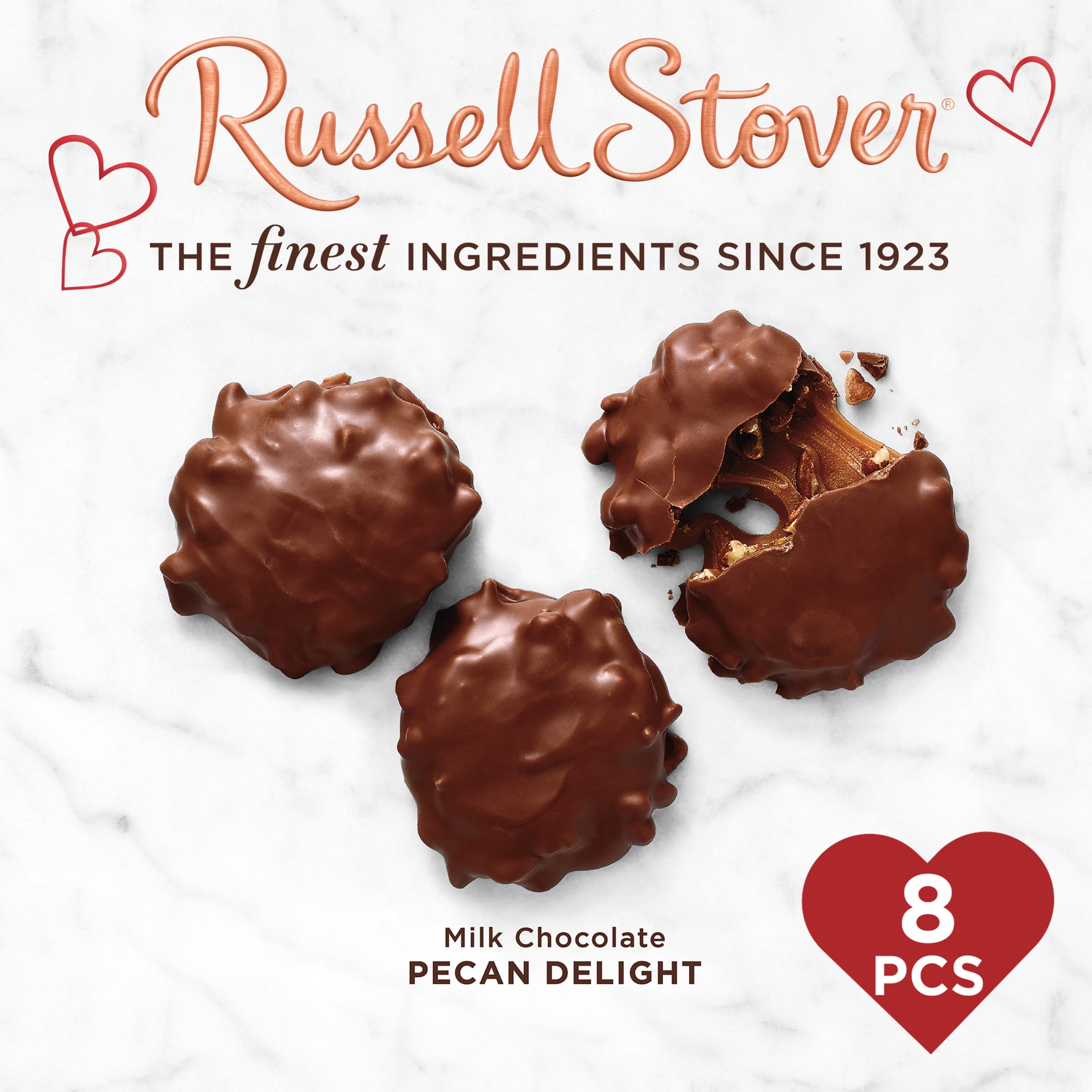 Russell Stover Valentine's Day Satin Heart Pecan Delights Milk Chocolate Candy Gift Box, 7.2 oz.