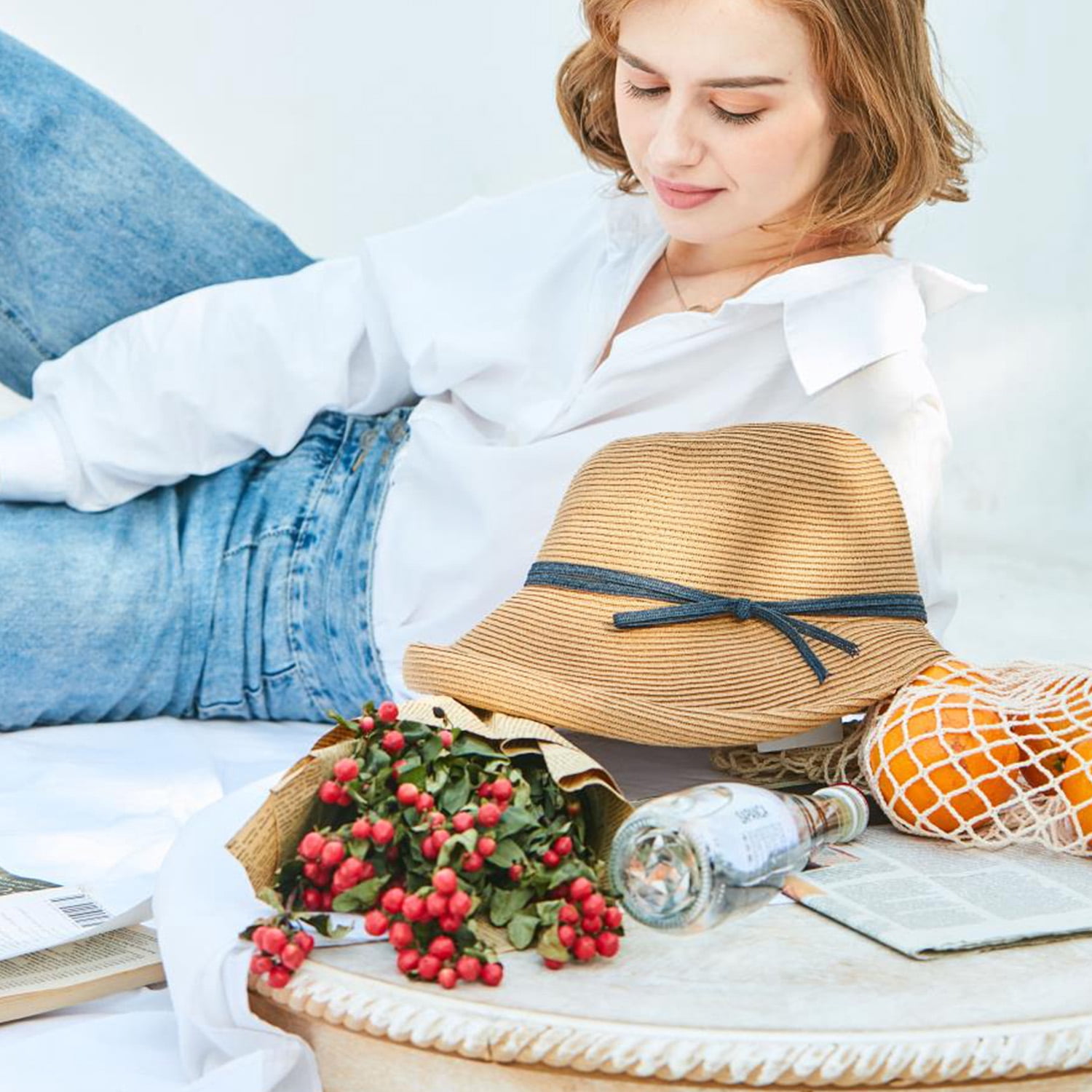 Women Floppy Sun Hat Foldable French Straw Beach Bonnet Cap