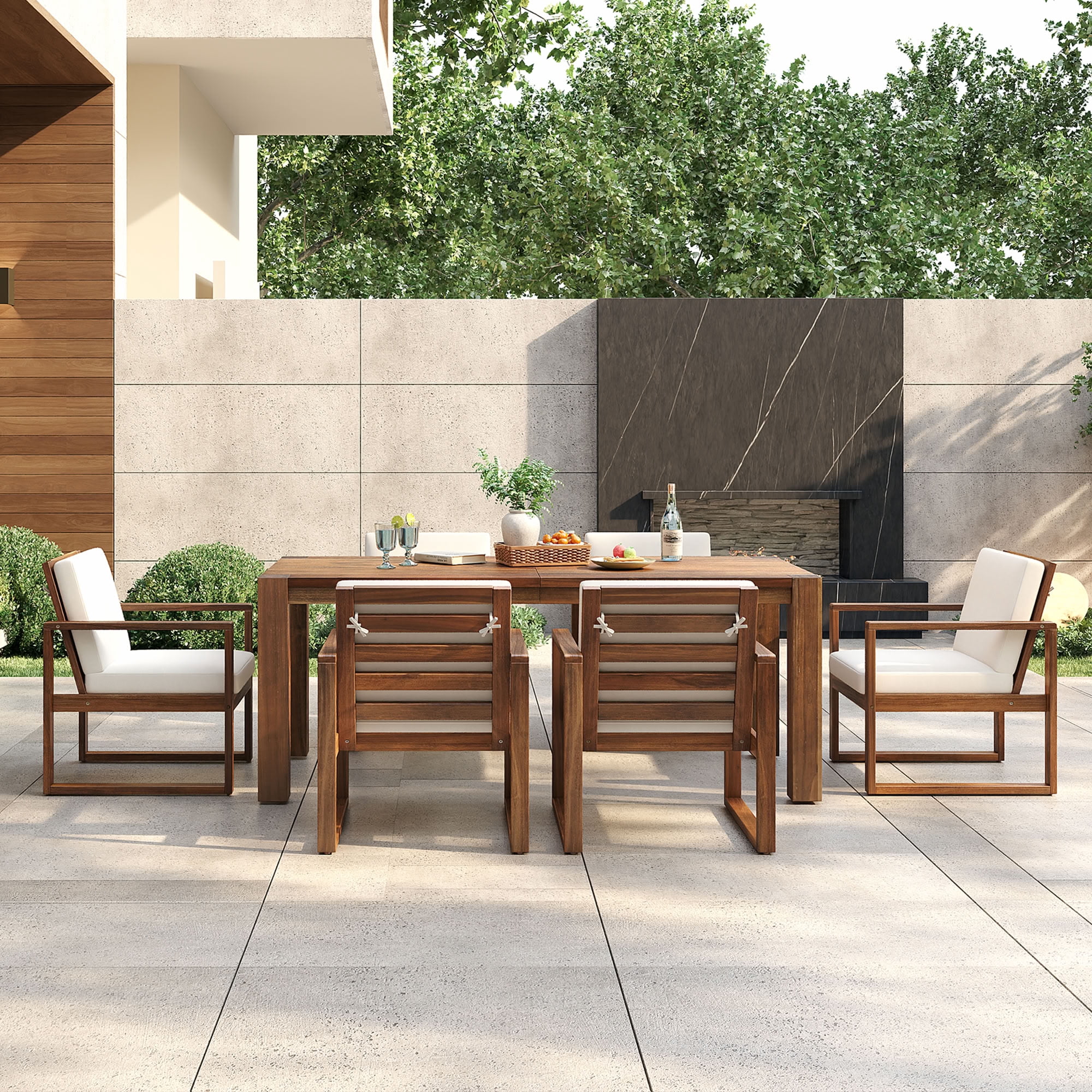 MAYEERTY 7 Piece Patio Table and Chairs Set, Outdoor Wood Furniture Set for 6 with Removable Cushion & Umbrella Hole, for Garden
