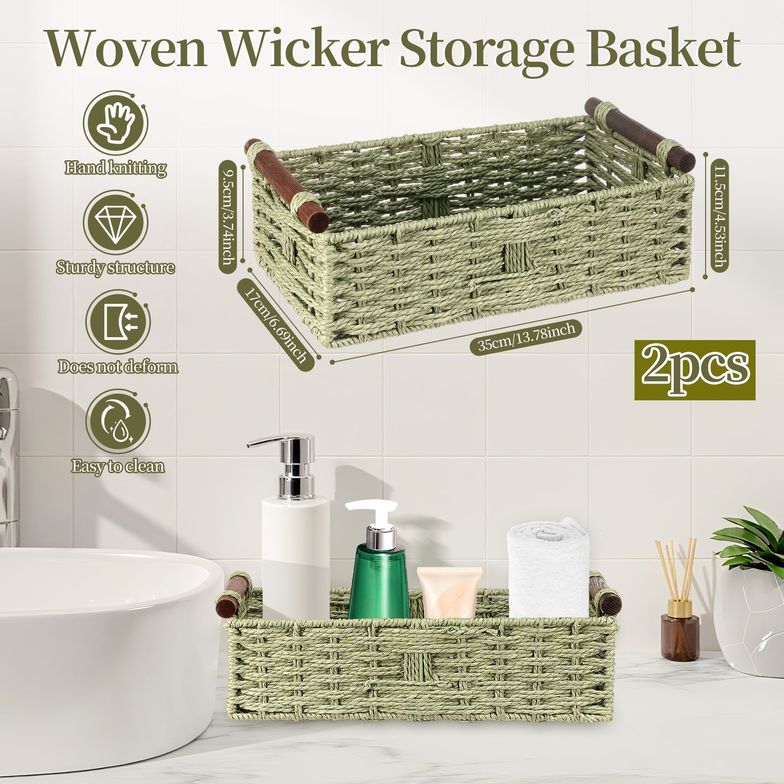 Dznils Wicker Toilet Paper Storage Basket with Handle, Bathroom Towel Organizer, Green, Set of 2