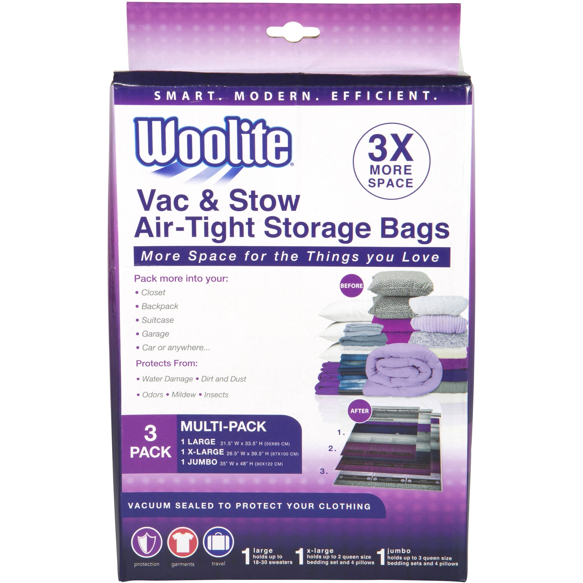 Woolite 3 Piece AirTight Vacuum Storage Bags, Closet Organizer Multi