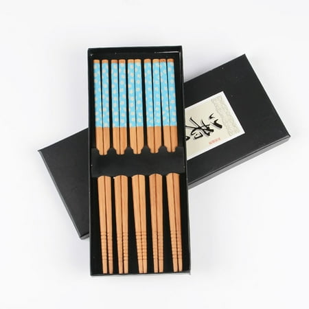Blue Chopsticks - 5 Pairs Bamboo Chopsticks Classic Non-Slip Wood Beautiful Print Design Gift Set Reusable