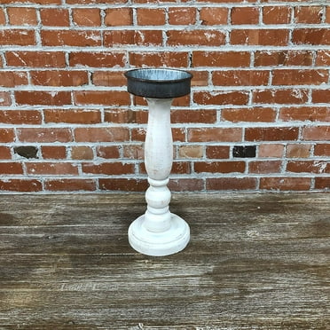 Parisloft Round Wood Pillar Candle Holder with Metal Plate, White，11.25"H