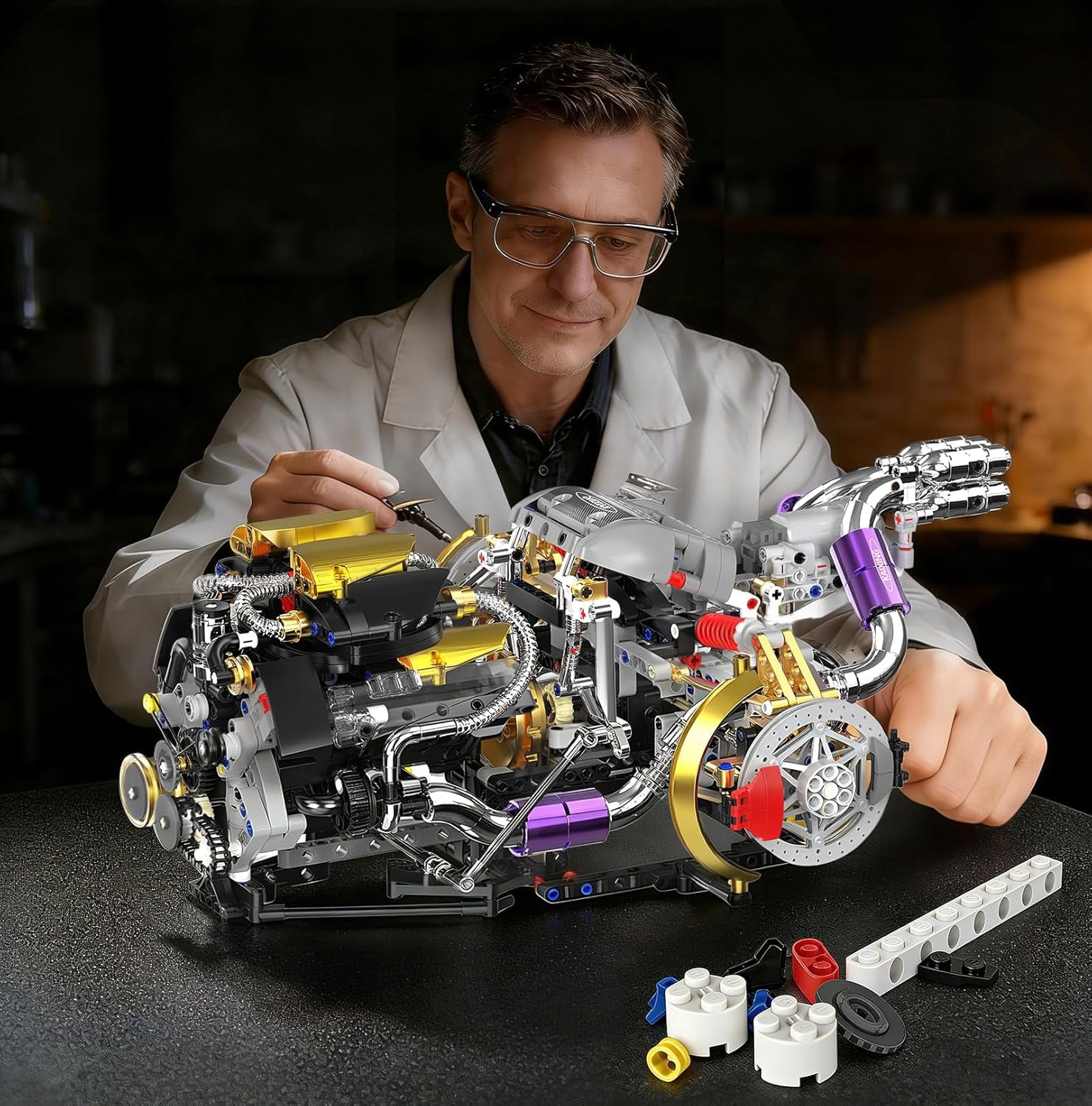V8 Engine Model Kit That Works, 1394 PCS Advanced Collectible Engine Building Block Sets with Lights & Spray