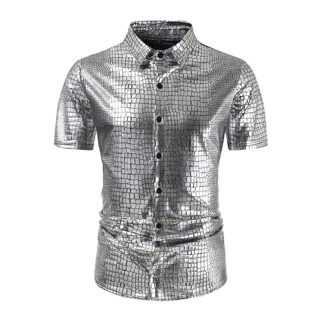 Pisexur T Shirts for Man , Chemise de Nuit Décontractée pour Homme à Boutons avec Paillettes, Col Rabattu, Manches Courtes, Argent, TG Chemises de Golf pour Hommes et Chemises pour Hommes