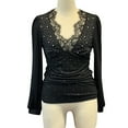 thumbnail image 6 of Fashion Olyvenn Women's Slim Tops Shirt Lace V-Neck Rhinestone Shirt Ruched Raglan Long Sleeve T Shirts Casual Elegant Blouse Black S, 6 of 9