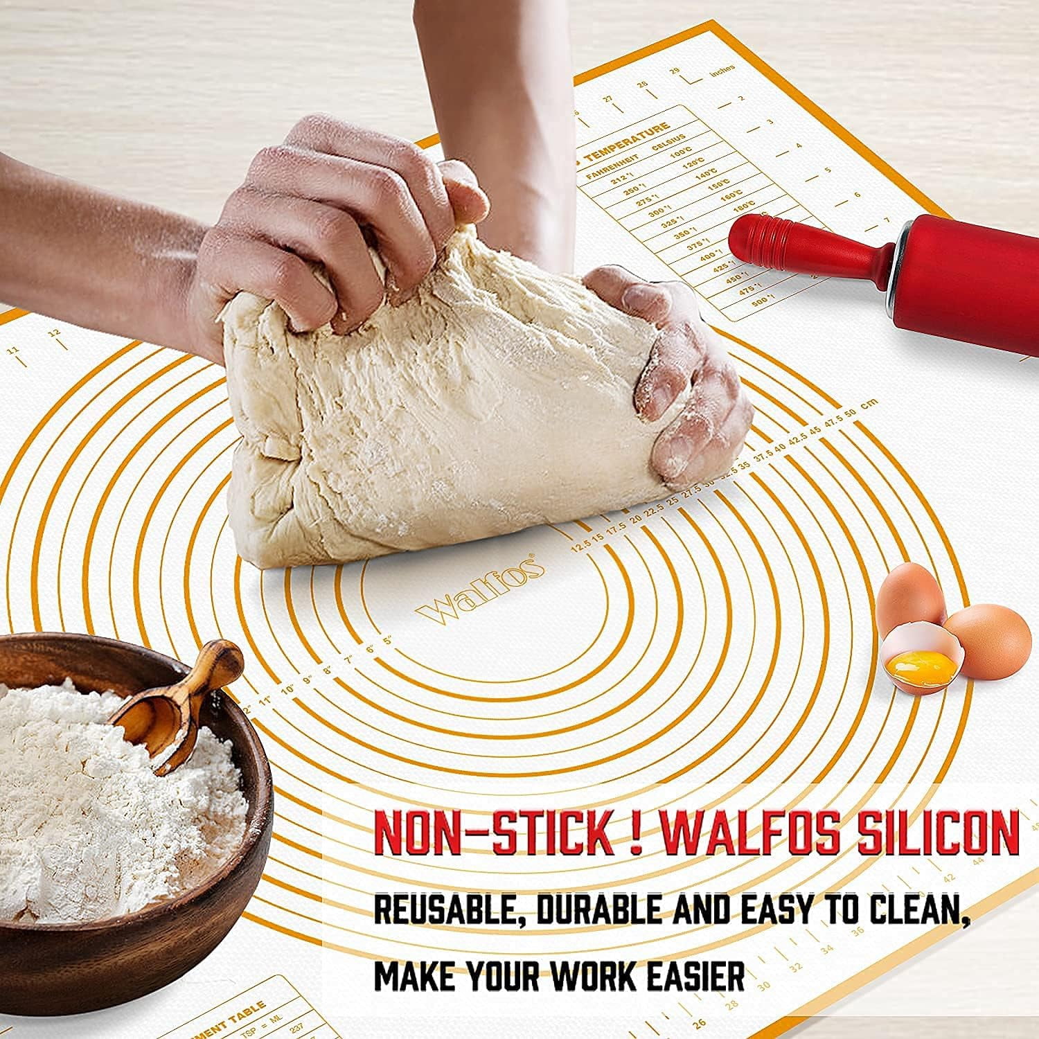 Silicone Pastry Mat - Walfos Non-Stick Extra Large Fondant Pie Mat 28" by 20", Non-Slip Rolling Mat with Measurement, Perfect for Rolling Dough, Pizza, Cookie & Baking