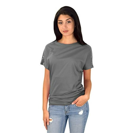Couture Couture Silk Blouse Peach Couture Womens Boat Neck Dolman Sleeve Side Shirring Sequin Shoulder Tops Grey Medium ()