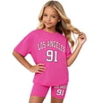thumbnail image 2 of SGMVNU Girls 2Pcs Clothes Summer Outfits Graphic Letter Print Tee Shirt and Casual Biker Shorts Kids Streetwear Clothing Set, Size 9-10 Years, Hot Pink, 2 of 3