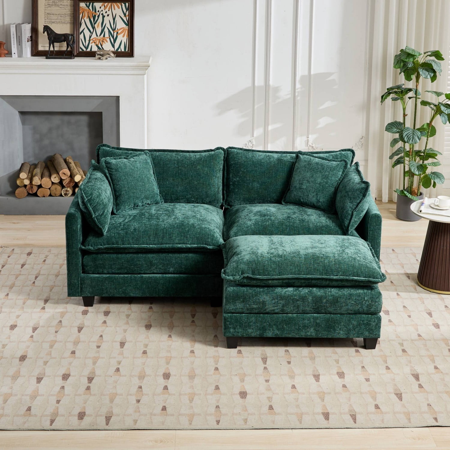 Cloud Sofa Ottoman, Modular Oversized Ottoman for Sectional Couch, Chenille Upholstered Footrest Stool for Living Room, Bedroom, Apartment, Green