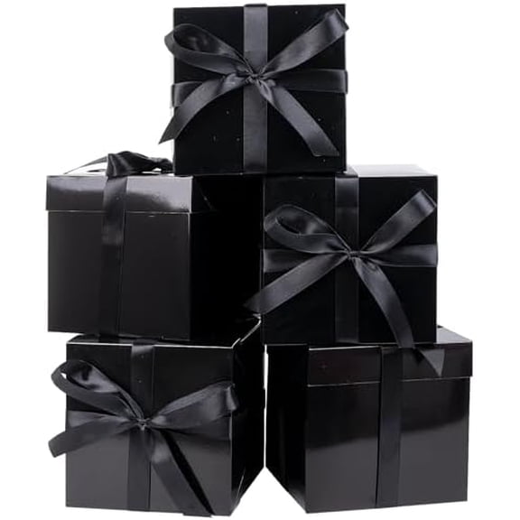 5 Pack Black Gift Boxes with Lids, Ribbons and Tissue Papers Square Gift Boxes - 7.1 Inch - Birthday, Wedding, Presents Wrapping, Father's Day, Valentine's Day Decoration Party Favor Boxes.