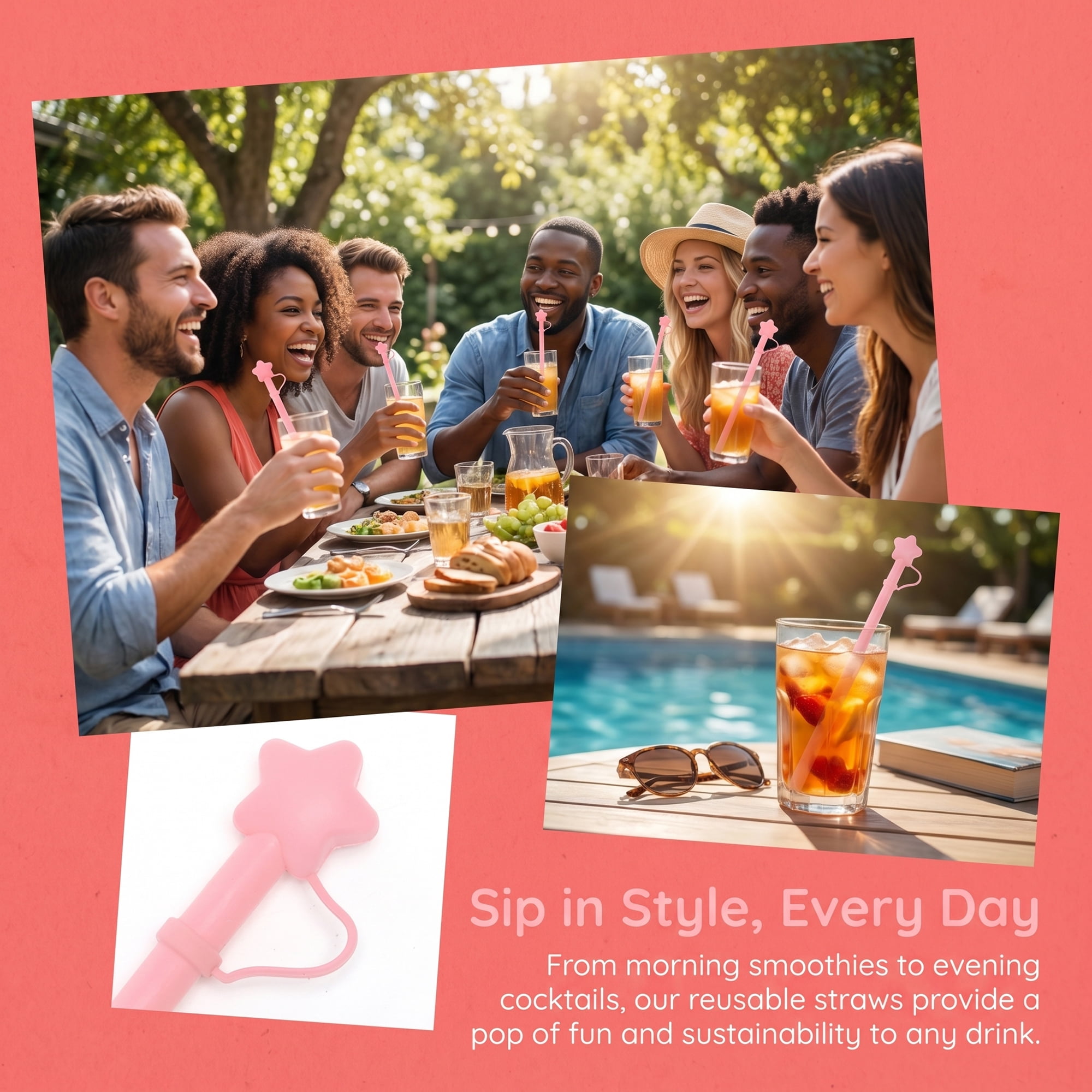 Unique Bargains 6Pcs Reusable Silicone Straws Drinking Straws Pink