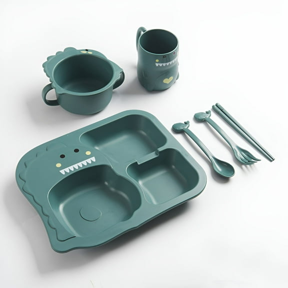 ACDANC Kids Plates Set,4 piece (Plates with Forks and Spoons) Lightweight Toddler Dishes,Dishwasher Baby Feeding Set with Divided Meal plates,Natural Wheat Straw Material (Dinosaur)