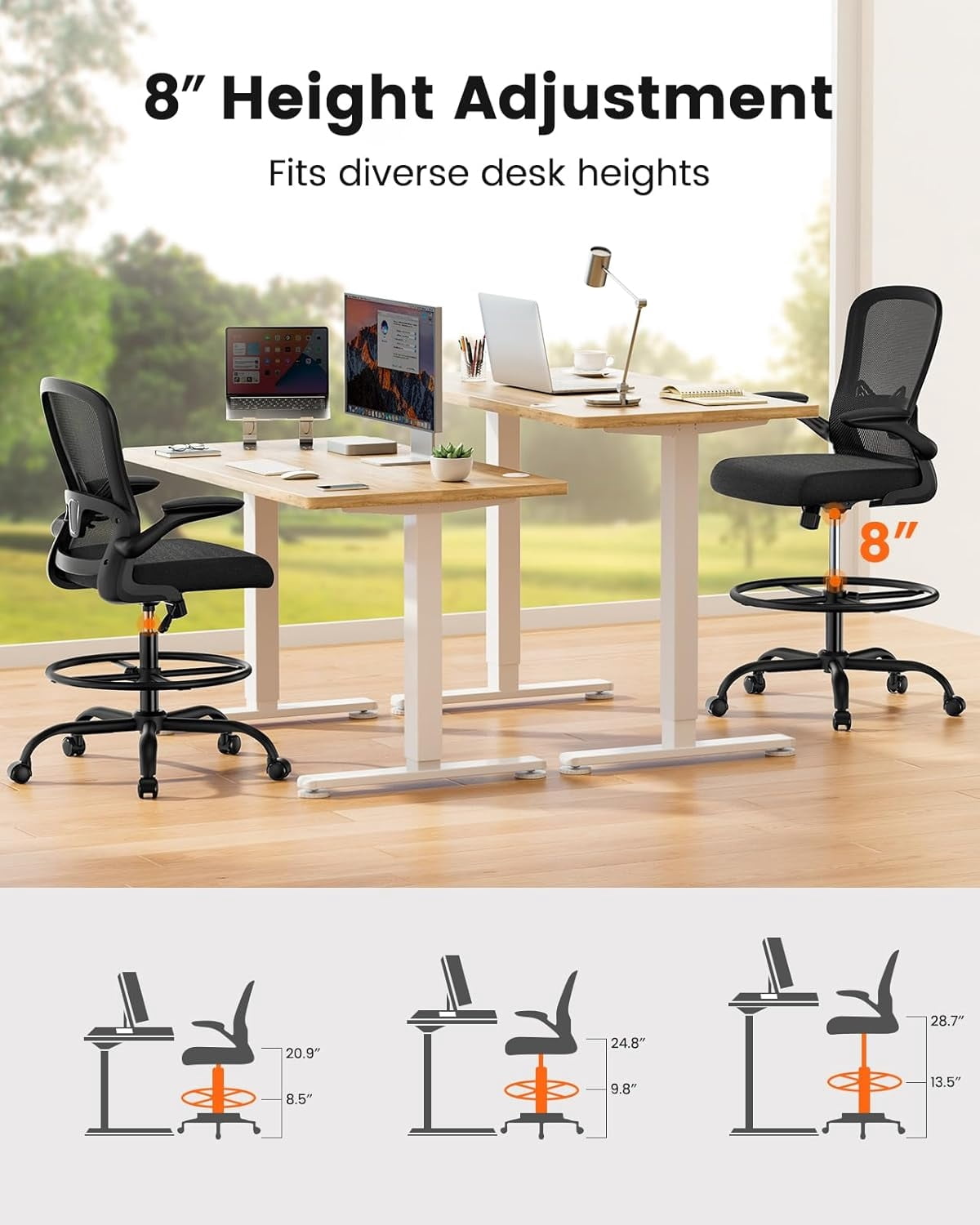 Kyspho Tall Drafting Chair with Flip-Up Armrests, Adjustable Foot Ring, Ergonomic High Office Chair with Lumbar Support, Height-Adjustable Standing Desk Chair