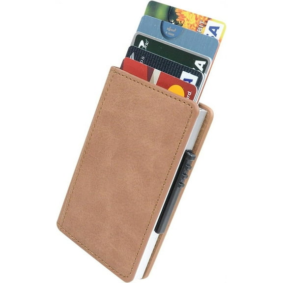 PRINT SUPREMACY Leather Wallet with Metal Case Credit Card Holder with Magnetic Lock (Up to 5 Cards), Plastic Switch with 2 Slots, Minimalist Slim Wallet for Men Women, Holds Cards ID Cash (Brown)