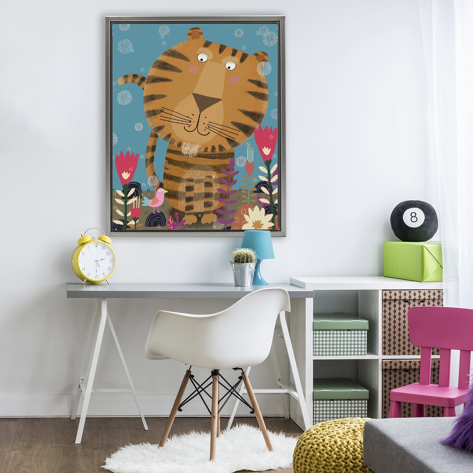 Stupell Industries Boho Tiger & Flowers Gray Framed Floater Canvas Wall Art, design by Carla Daly