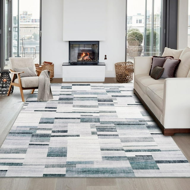 Contemporary Washable Rug 8x10, Modern Abstract Non-Slip Low Pile Area Carpet for Living Room & Bedroom