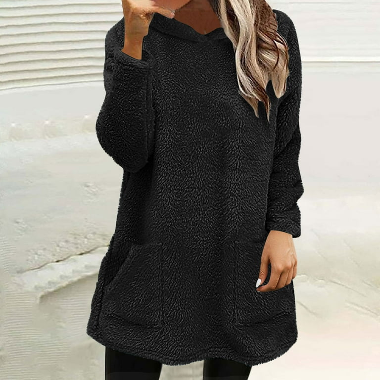 Miluxas Sherpa Hoodie Dress for Women Cute Fuzzy Long Sleeve Sweatshirt  Dress Casual Fall Mini Sweater Dress with Pockets Black XL(XL) - Walmart.com