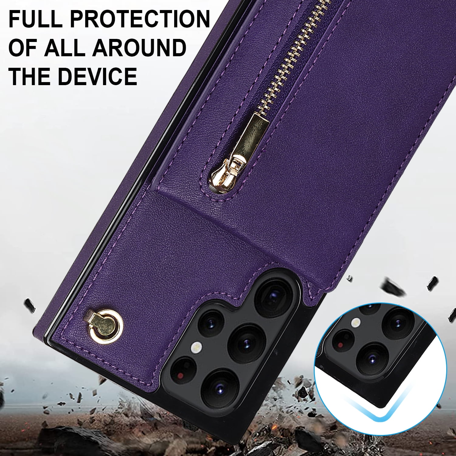 Dteck Flip Leather Wallet Case for Samsung Galaxy S24 Ultra, Crossbody Wallet Case with Credit Card Holder Zipper Pocket Lanyard Shoulder Strap, Kickstand Phone Cover for Samsung S24 Ultra,Purple