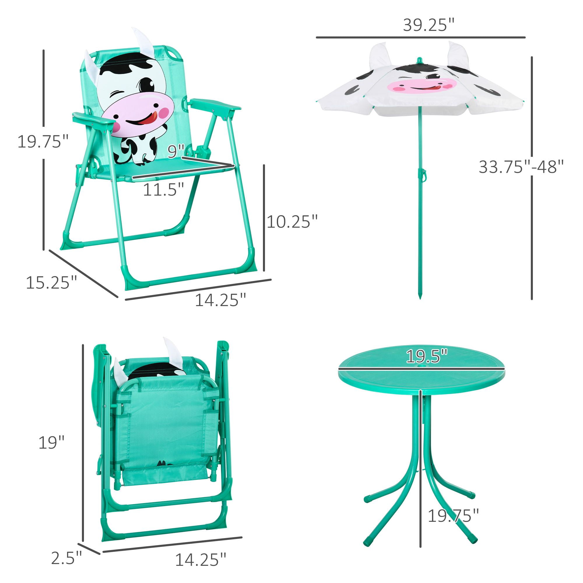 Kids Table and Chair Set, Outdoor Folding Garden Furniture, Picnic Table for Patio Backyard, with Removable & Height Adjustable Sun Umbrella, Aged 3-6 Years Old, White