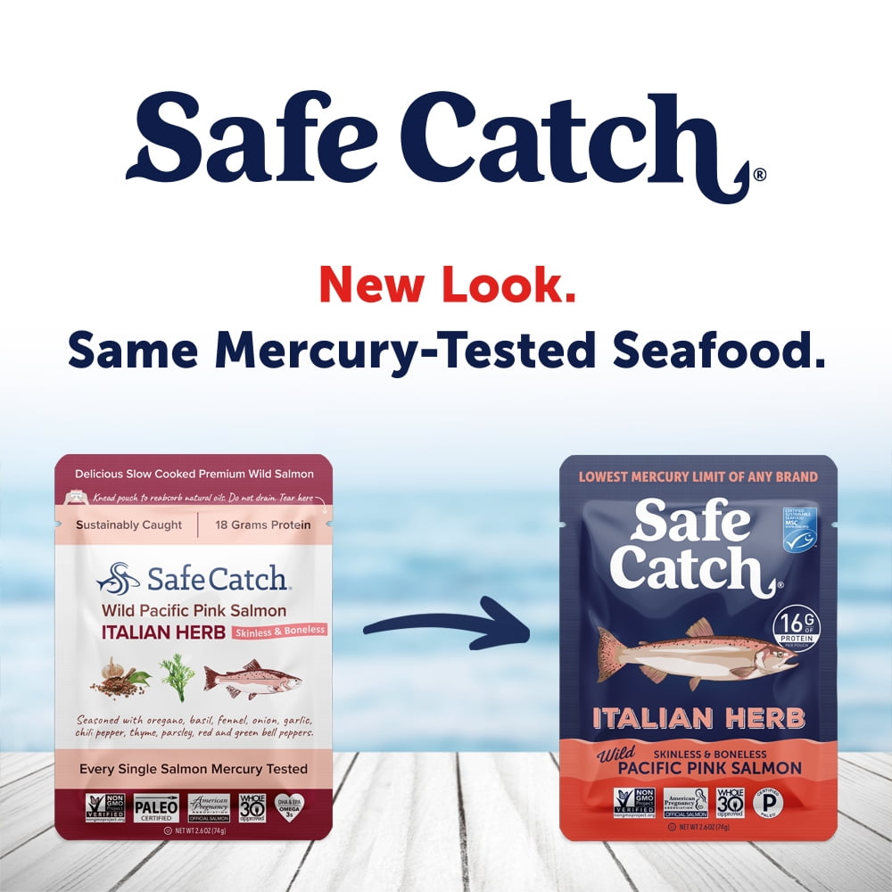 (6 pack) Safe Catch Italian Herb Wild Pacific Pink Salmon, Skinless & Boneless, 2.6 oz Pouch – Seasoned Salmon for Salads, Pasta, and Snacks