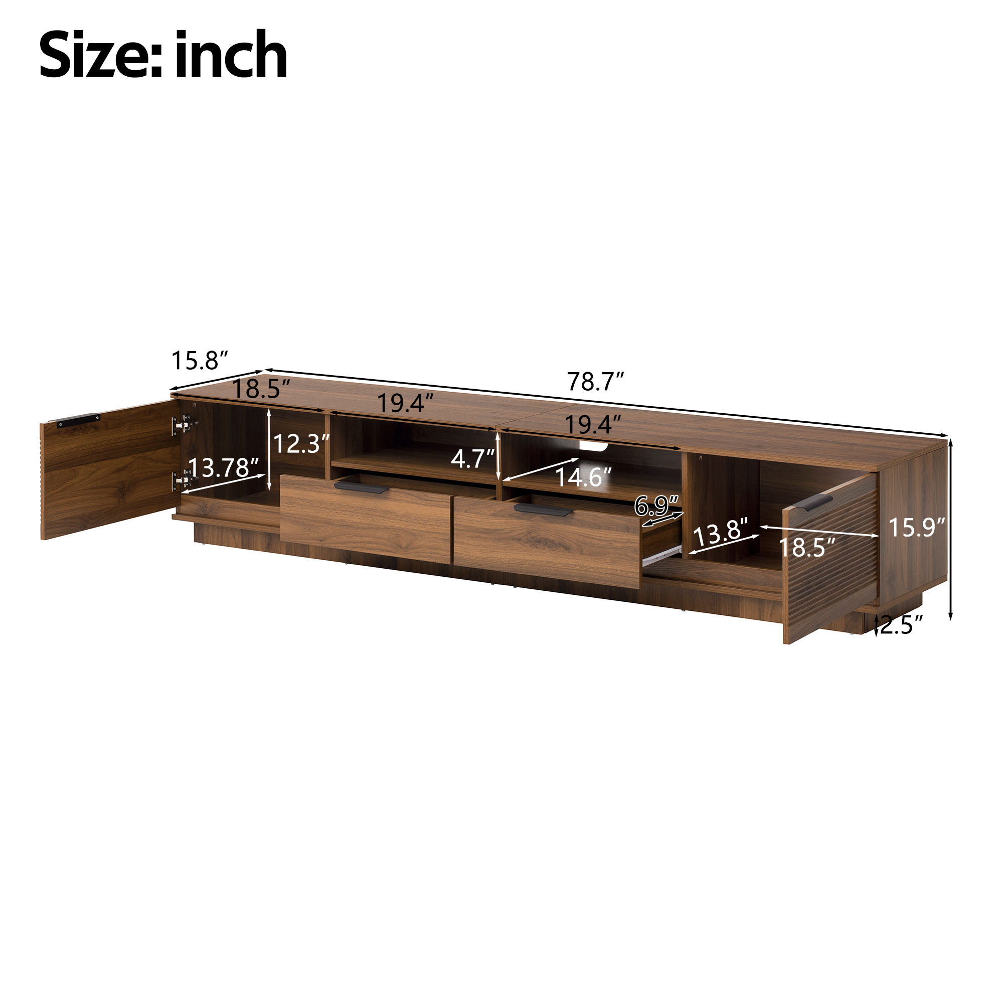 Homy Casa 78.7" Rustic Brown TV Stand for 85" TVs with Fluted Doors, 2 Drawers and Open Shelves