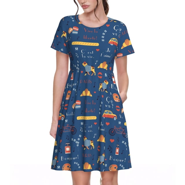 Easygdp French Bulldog Dog In Beret para Vestido Transpirable de Mujer, Vestido Suelto de Manga Corta con Pliegues y Bolsillos para el Verano