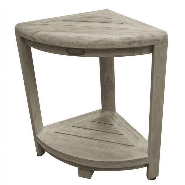 Compact Teak Corner Shower Stool with Shelf in Whitewash Finish Compact Teak Corner Shower Stool with Shelf in Whitewash Finish