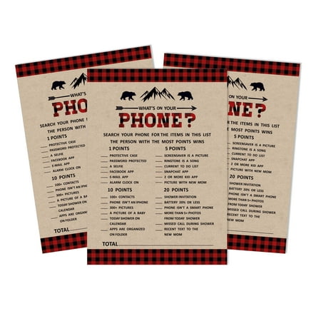 Inkdotpot 50 Sheets What'sIn Your PhoneBaby Shower GameCards Lumberjack Activity CardsPartyIdea Gender Neutral Baby Shower Rustic Kraft Party Supply