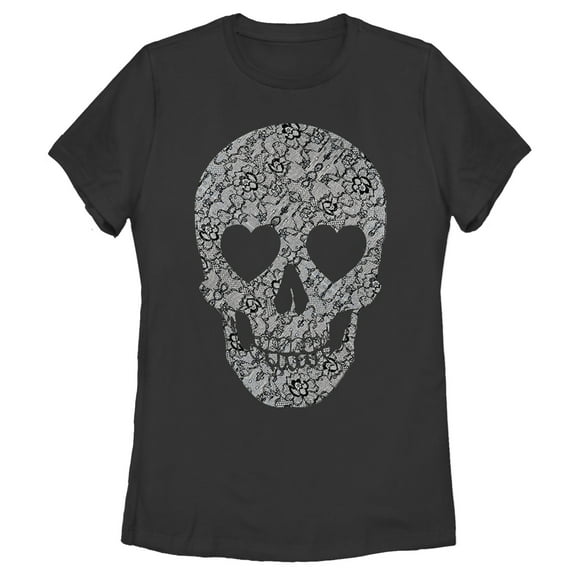 Women's Lost Gods Lace Print Heart Skull  Graphic Tee Black Large